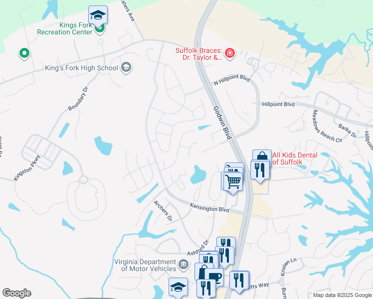 map of restaurants, bars, coffee shops, grocery stores, and more near 138 Squire Reach in Suffolk
