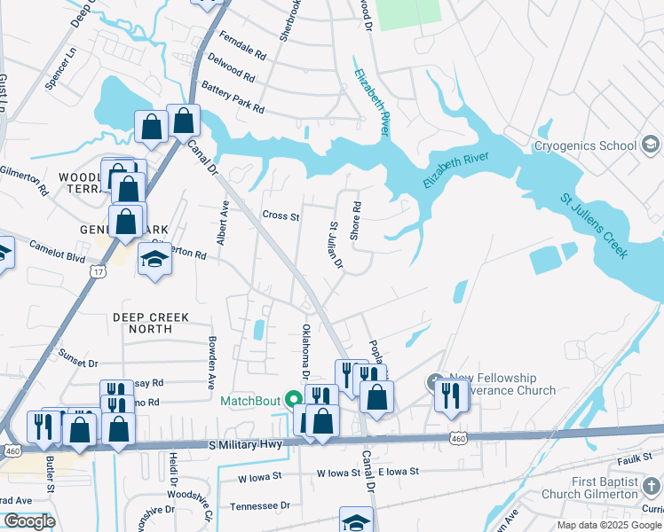 map of restaurants, bars, coffee shops, grocery stores, and more near 1048 Saint Julian Drive in Chesapeake
