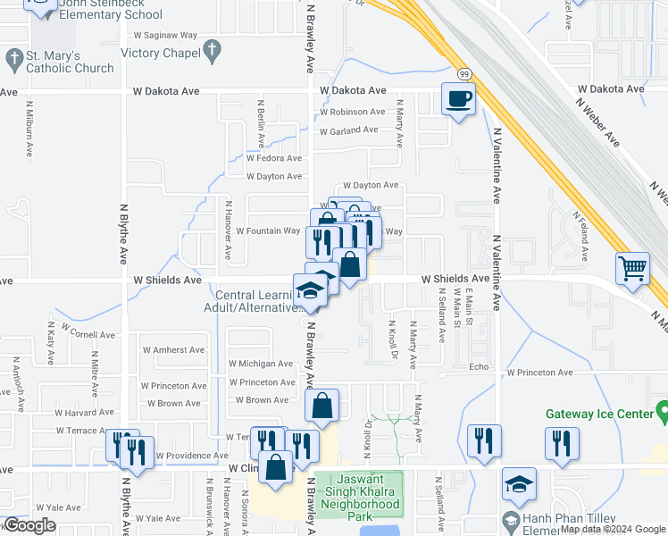 map of restaurants, bars, coffee shops, grocery stores, and more near 3760 West Shields Avenue in Fresno