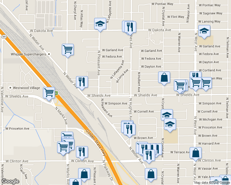 map of restaurants, bars, coffee shops, grocery stores, and more near 2244 West Shields Avenue in Fresno