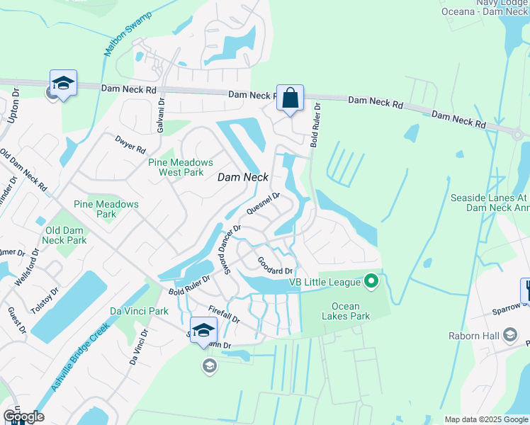 map of restaurants, bars, coffee shops, grocery stores, and more near 1614 Slidell Lane in Virginia Beach