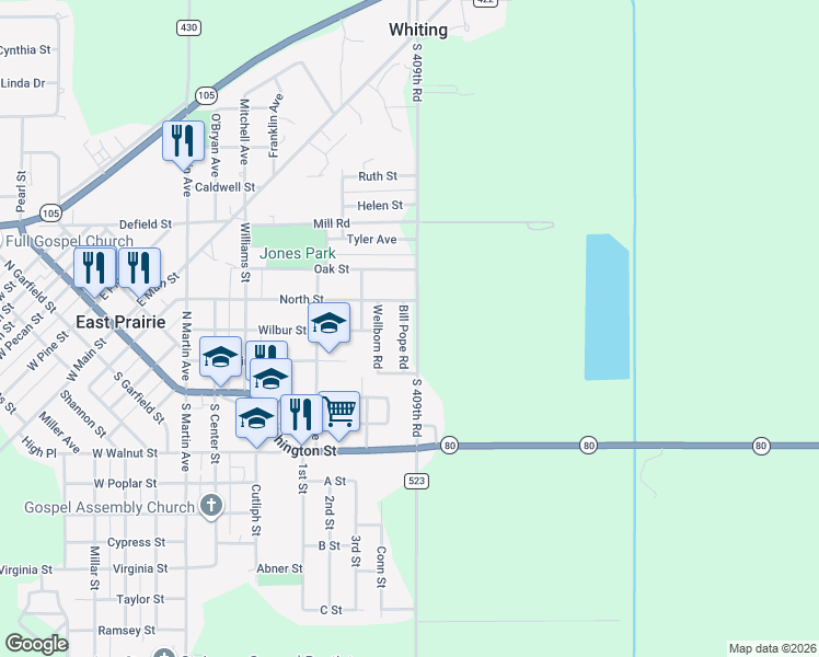 map of restaurants, bars, coffee shops, grocery stores, and more near 309 Bill Pope Road in East Prairie