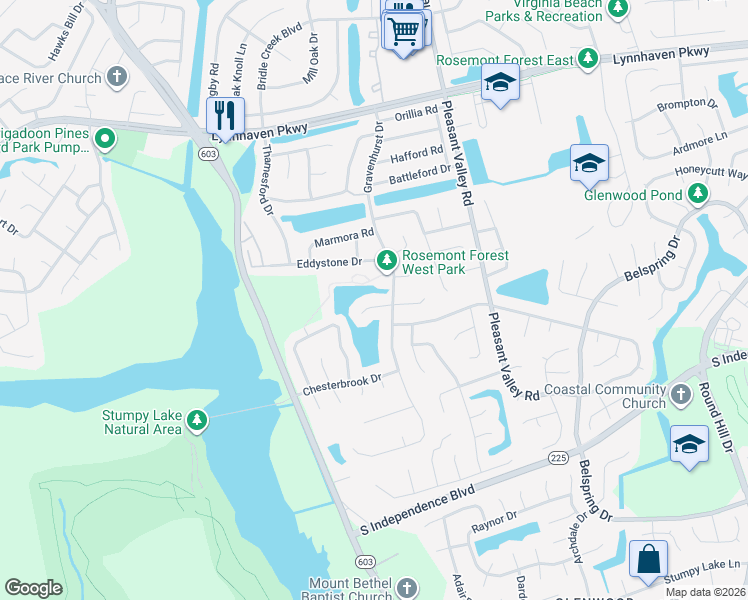 map of restaurants, bars, coffee shops, grocery stores, and more near 1416 Dighton Court in Virginia Beach
