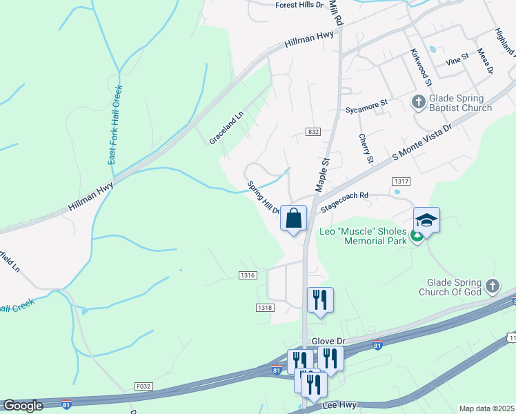 map of restaurants, bars, coffee shops, grocery stores, and more near 33586 Spring Hill Drive in Glade Spring