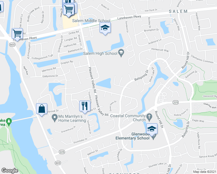 map of restaurants, bars, coffee shops, grocery stores, and more near 1256 Northvale Drive in Virginia Beach