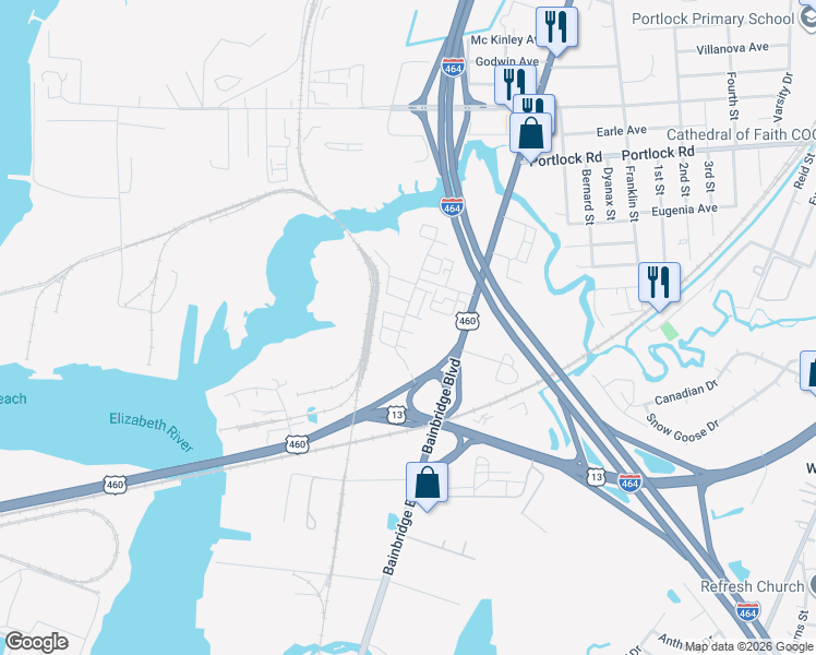 map of restaurants, bars, coffee shops, grocery stores, and more near 588 Marc Smiley Road in Chesapeake