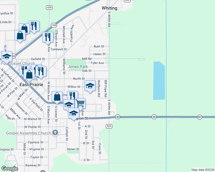 map of restaurants, bars, coffee shops, grocery stores, and more near 309 Bill Pope Road in East Prairie