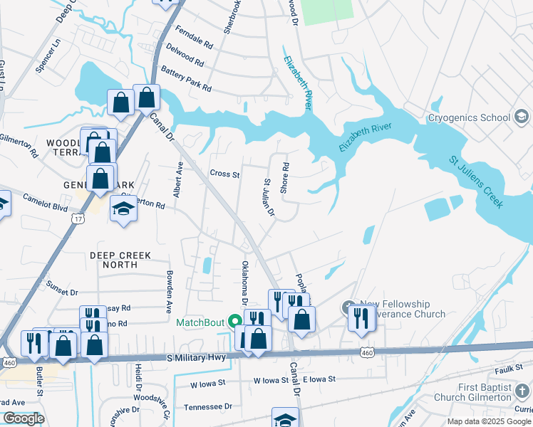 map of restaurants, bars, coffee shops, grocery stores, and more near 1048 Saint Julian Drive in Chesapeake