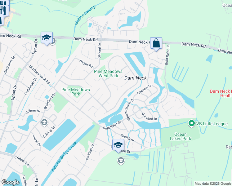 map of restaurants, bars, coffee shops, grocery stores, and more near 1605 Doppler Court in Virginia Beach