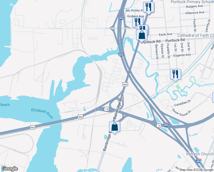 map of restaurants, bars, coffee shops, grocery stores, and more near 588 Marc Smiley Road in Chesapeake