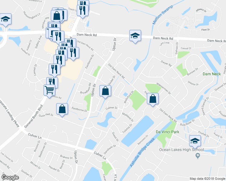 map of restaurants, bars, coffee shops, grocery stores, and more near 1061 Gauguin Drive in Virginia Beach