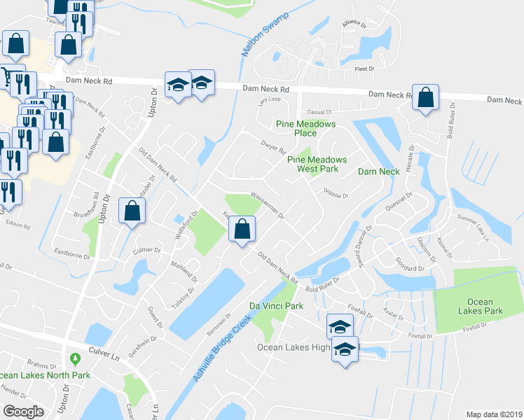 map of restaurants, bars, coffee shops, grocery stores, and more near 1605 Kepler Bend in Virginia Beach