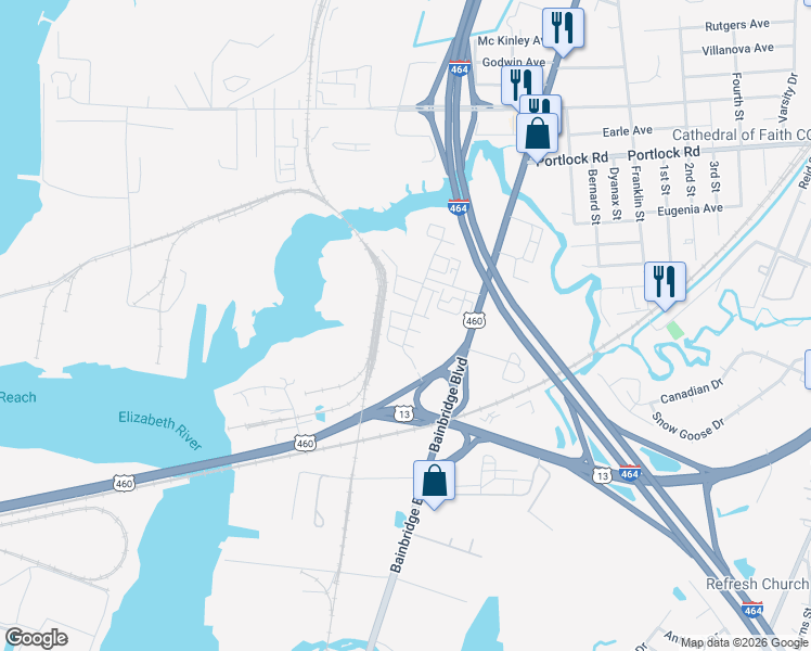 map of restaurants, bars, coffee shops, grocery stores, and more near 588 Marc Smiley Road in Chesapeake