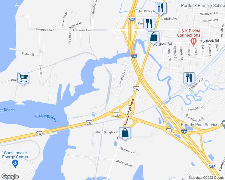 map of restaurants, bars, coffee shops, grocery stores, and more near Marc Smiley Road in Chesapeake