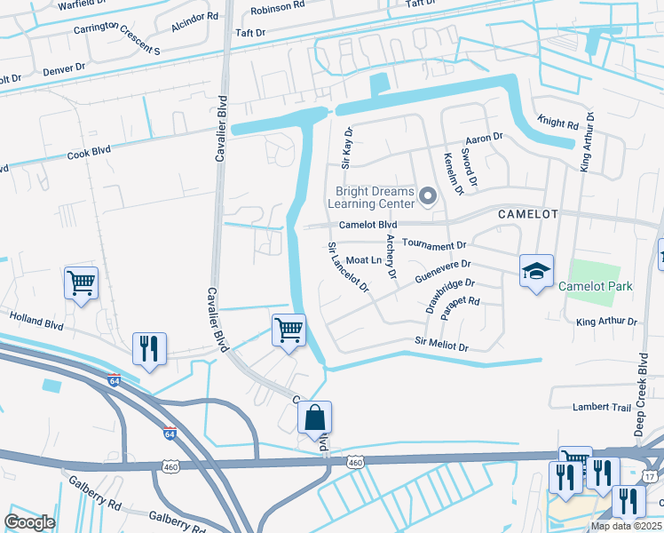 map of restaurants, bars, coffee shops, grocery stores, and more near 932 Sir Lancelot Drive in Chesapeake