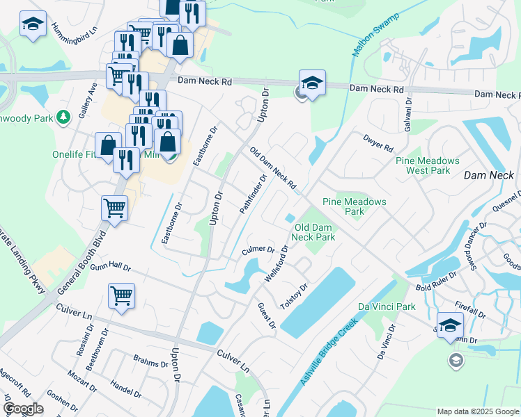 map of restaurants, bars, coffee shops, grocery stores, and more near 1061 Gauguin Drive in Virginia Beach
