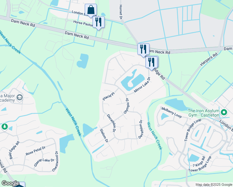 map of restaurants, bars, coffee shops, grocery stores, and more near 2509 Placid Place in Virginia Beach