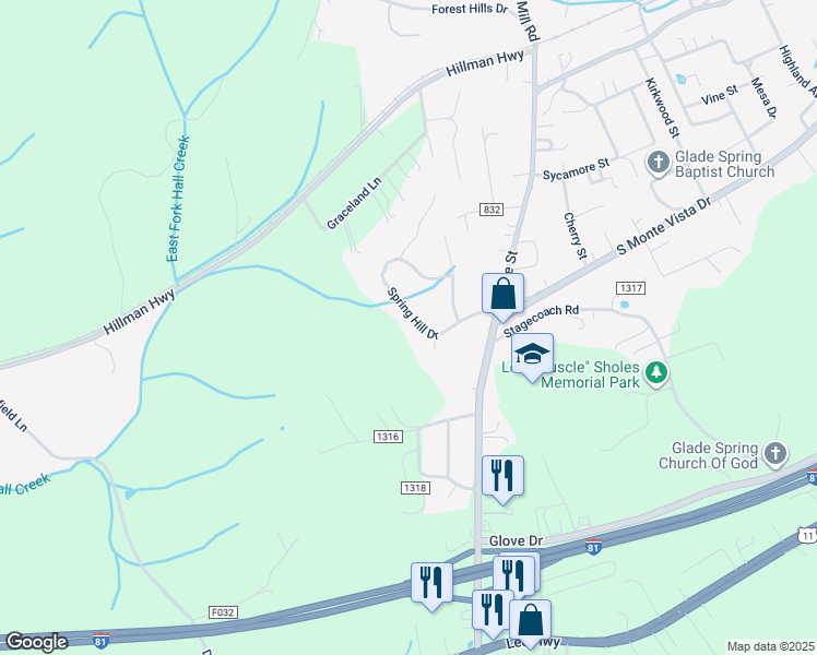 map of restaurants, bars, coffee shops, grocery stores, and more near 33586 Spring Hill Drive in Glade Spring