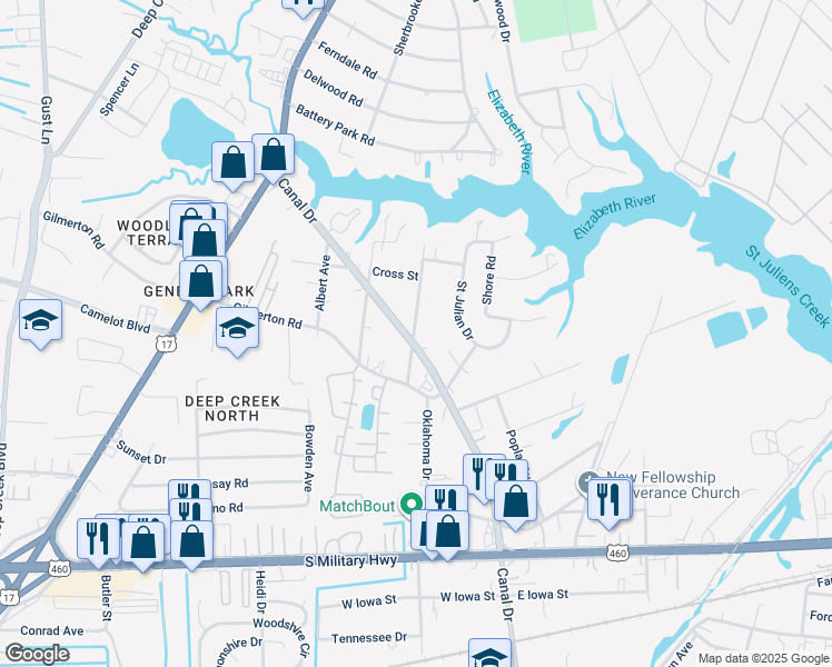map of restaurants, bars, coffee shops, grocery stores, and more near 1021 Cox Avenue in Chesapeake
