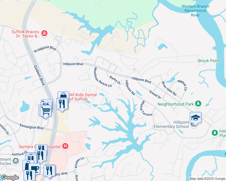 map of restaurants, bars, coffee shops, grocery stores, and more near 1034 Meadows Reach Circle in Suffolk