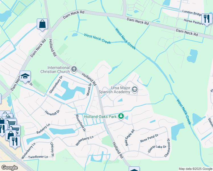 map of restaurants, bars, coffee shops, grocery stores, and more near 1820 Saville Garden Court in Virginia Beach