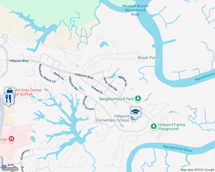 map of restaurants, bars, coffee shops, grocery stores, and more near 212 River Inlet Road in Suffolk