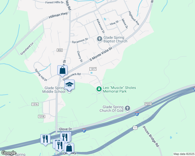 map of restaurants, bars, coffee shops, grocery stores, and more near 33474 Stagecoach Road in Glade Spring