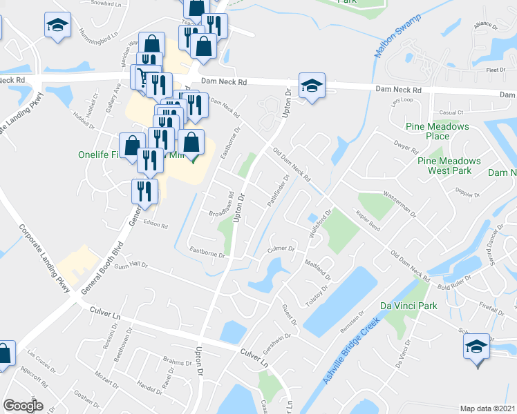 map of restaurants, bars, coffee shops, grocery stores, and more near 1103 Sunview Court in Virginia Beach