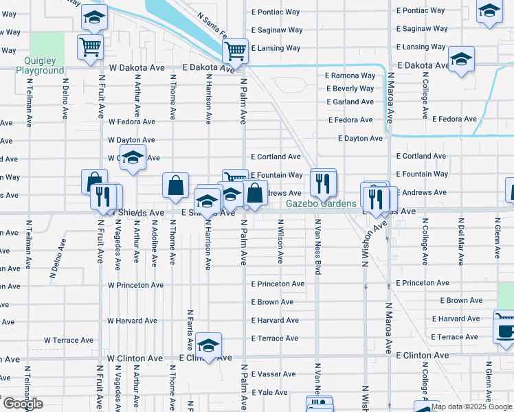map of restaurants, bars, coffee shops, grocery stores, and more near 324 East Andrews Avenue in Fresno