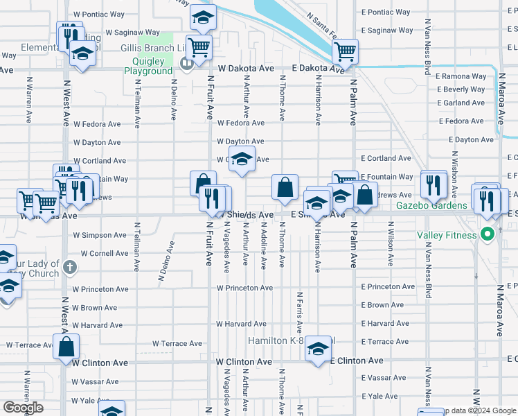 map of restaurants, bars, coffee shops, grocery stores, and more near 202 West Shields Avenue in Fresno