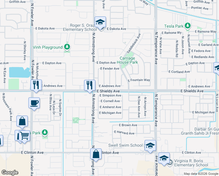 map of restaurants, bars, coffee shops, grocery stores, and more near 3018 North Shelly Avenue in Fresno