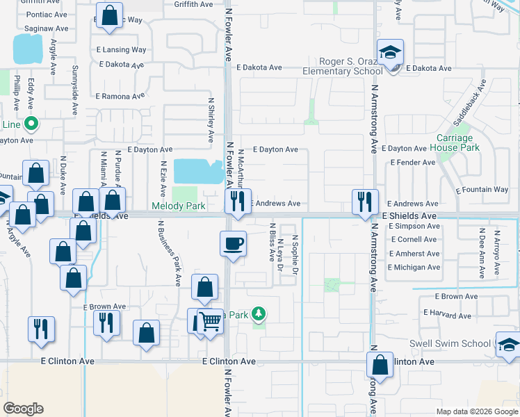 map of restaurants, bars, coffee shops, grocery stores, and more near 3021 North Millard Avenue in Fresno