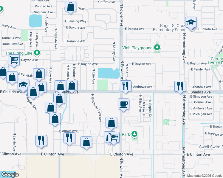 map of restaurants, bars, coffee shops, grocery stores, and more near 5965 East Shields Avenue in Fresno