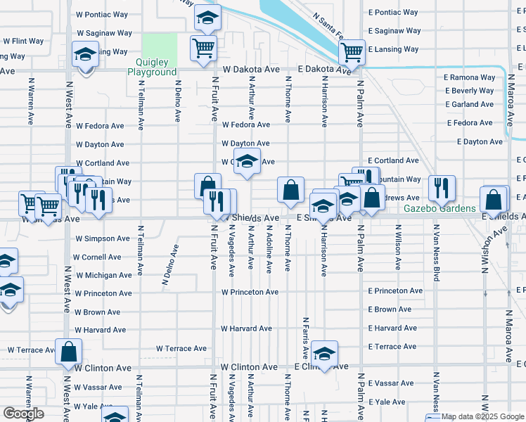 map of restaurants, bars, coffee shops, grocery stores, and more near 135 West Andrews in Fresno