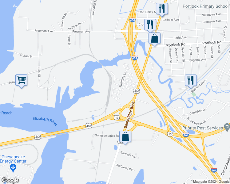 map of restaurants, bars, coffee shops, grocery stores, and more near 588 Marc Smiley Road in Chesapeake