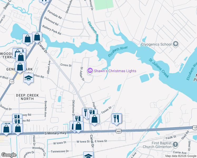 map of restaurants, bars, coffee shops, grocery stores, and more near 1012 Shore Road in Chesapeake