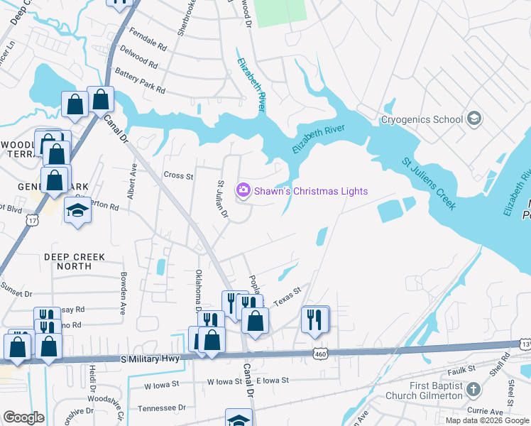 map of restaurants, bars, coffee shops, grocery stores, and more near 1012 Shore Road in Chesapeake