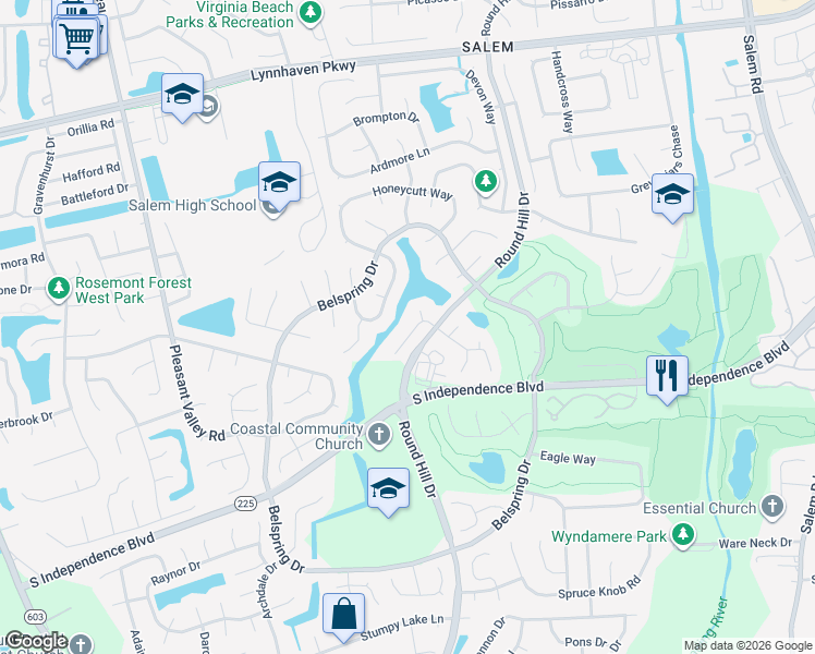 map of restaurants, bars, coffee shops, grocery stores, and more near 1069 Radisson Court in Virginia Beach