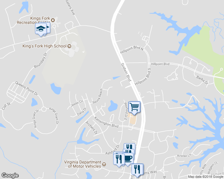 map of restaurants, bars, coffee shops, grocery stores, and more near 138 Majestic Drive in Suffolk