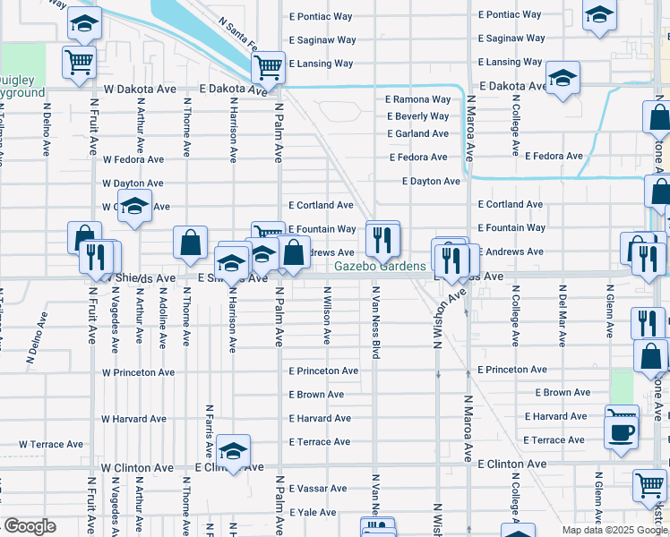 map of restaurants, bars, coffee shops, grocery stores, and more near 448 East Andrews Avenue in Fresno