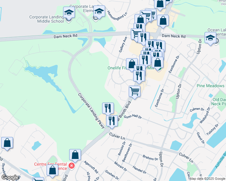map of restaurants, bars, coffee shops, grocery stores, and more near 1625 Rechter Court in Virginia Beach