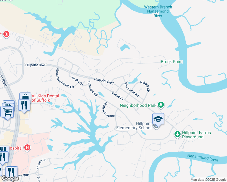 map of restaurants, bars, coffee shops, grocery stores, and more near 1023 Snead Drive in Suffolk