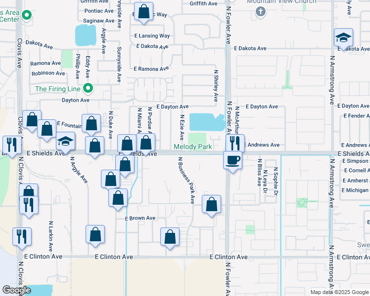 map of restaurants, bars, coffee shops, grocery stores, and more near 3204 North Ezie Avenue in Fresno