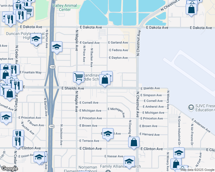 map of restaurants, bars, coffee shops, grocery stores, and more near 3216 North Sierra Vista Avenue in Fresno