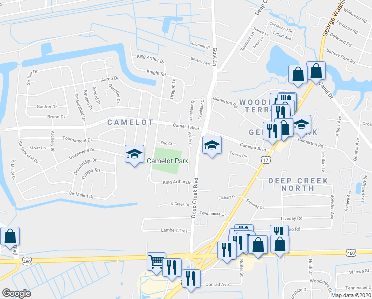 map of restaurants, bars, coffee shops, grocery stores, and more near 1020 Keltic Circle in Chesapeake