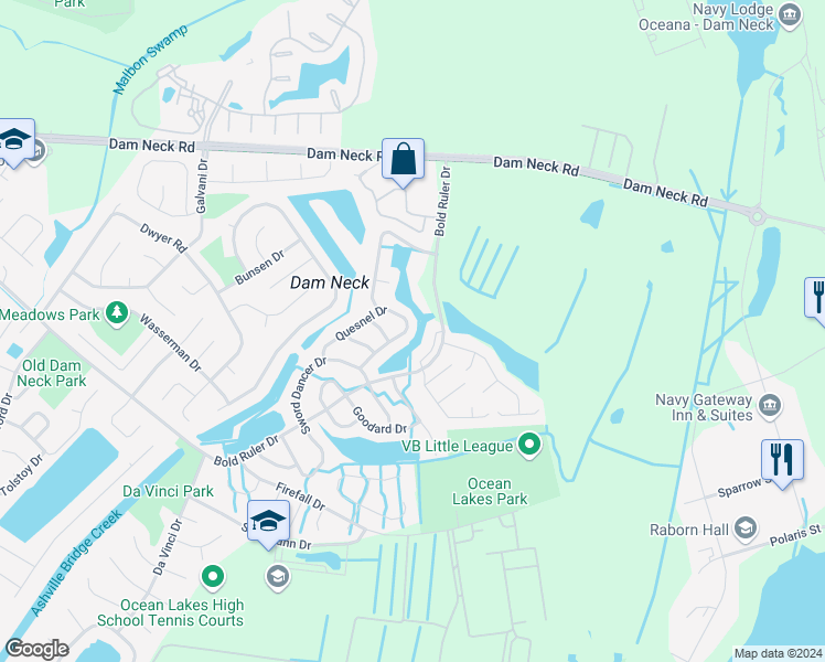 map of restaurants, bars, coffee shops, grocery stores, and more near 744 Quesnel Drive in Virginia Beach
