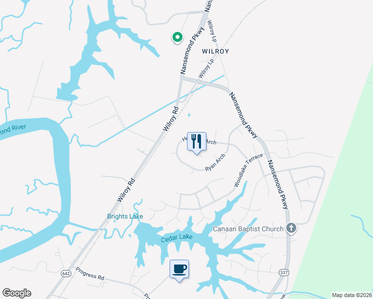 map of restaurants, bars, coffee shops, grocery stores, and more near 106 Quail Run Court in Suffolk