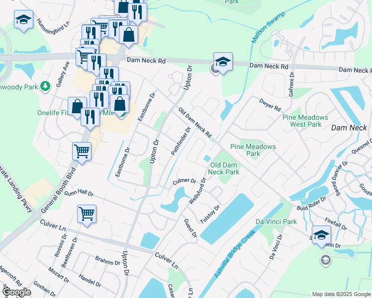 map of restaurants, bars, coffee shops, grocery stores, and more near 1065 Gauguin Drive in Virginia Beach