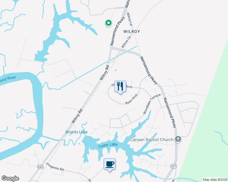 map of restaurants, bars, coffee shops, grocery stores, and more near 106 Quail Run Court in Suffolk
