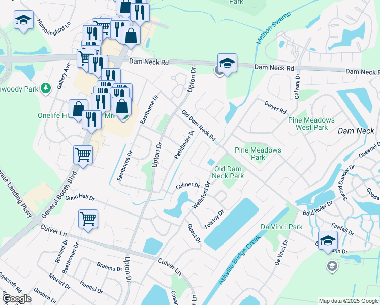 map of restaurants, bars, coffee shops, grocery stores, and more near 1065 Gauguin Drive in Virginia Beach